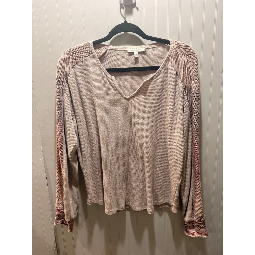Pale Sky Womens Mauve Waffle Knit V-Neck Thermal Top Fair Isle Cuff Large